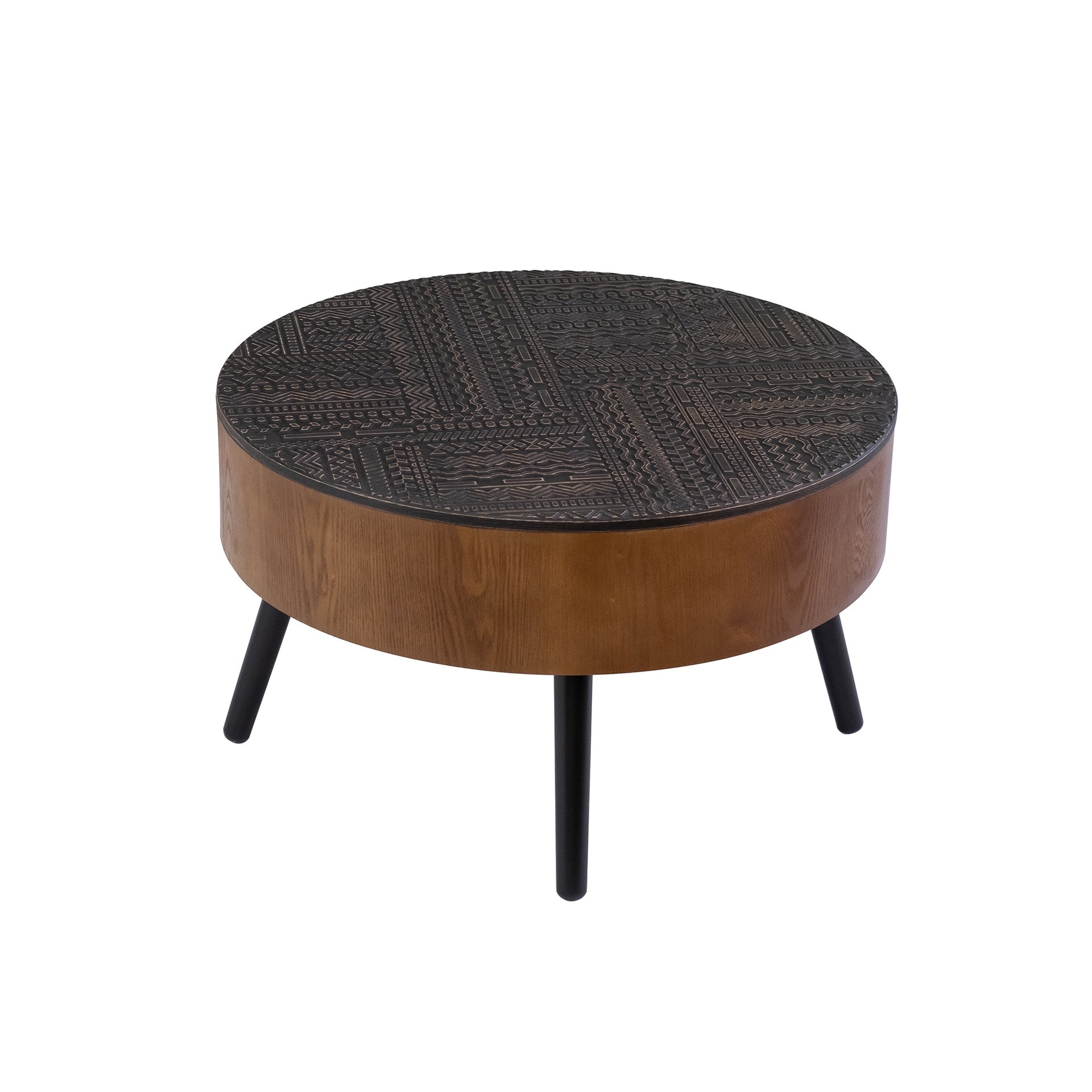 31.5-inch Round Carved Coffee Table with Storage Space, Mid-Century Modern Style Wooden Coffee Table, Four-Leg Design, 18-inch High, Living Room Accent Table (Brown and Black)