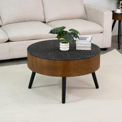 31.5-inch Round Carved Coffee Table with Storage Space, Mid-Century Modern Style Wooden Coffee Table, Four-Leg Design, 18-inch High, Living Room Accent Table (Brown and Black)