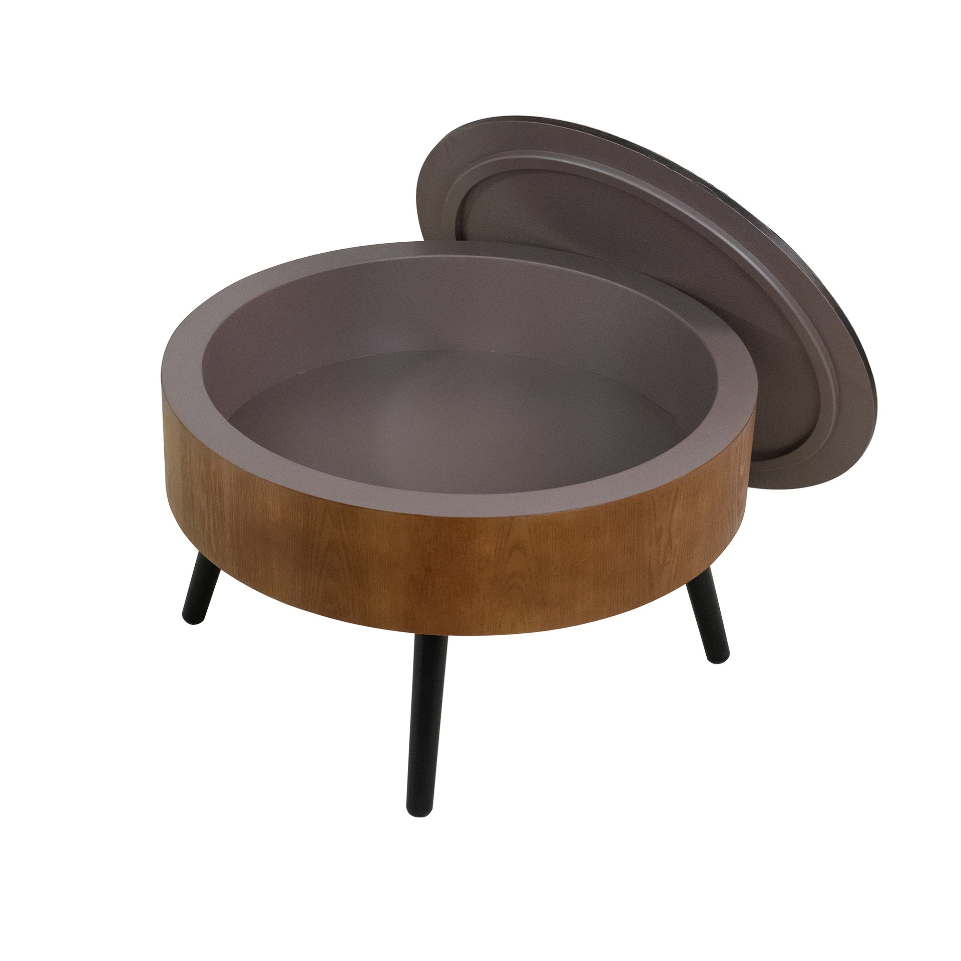 31.5-inch Round Carved Coffee Table with Storage Space, Mid-Century Modern Style Wooden Coffee Table, Four-Leg Design, 18-inch High, Living Room Accent Table (Brown and Black)