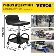 Rolling Garage Stool, 300LBS Capacity, Adjustable Height from 15.7 in to 20.5 in, Mechanic Seat with 360-degree Swivel Wheels and Tool Tray, for Workshop, Auto Repair Shop, Black