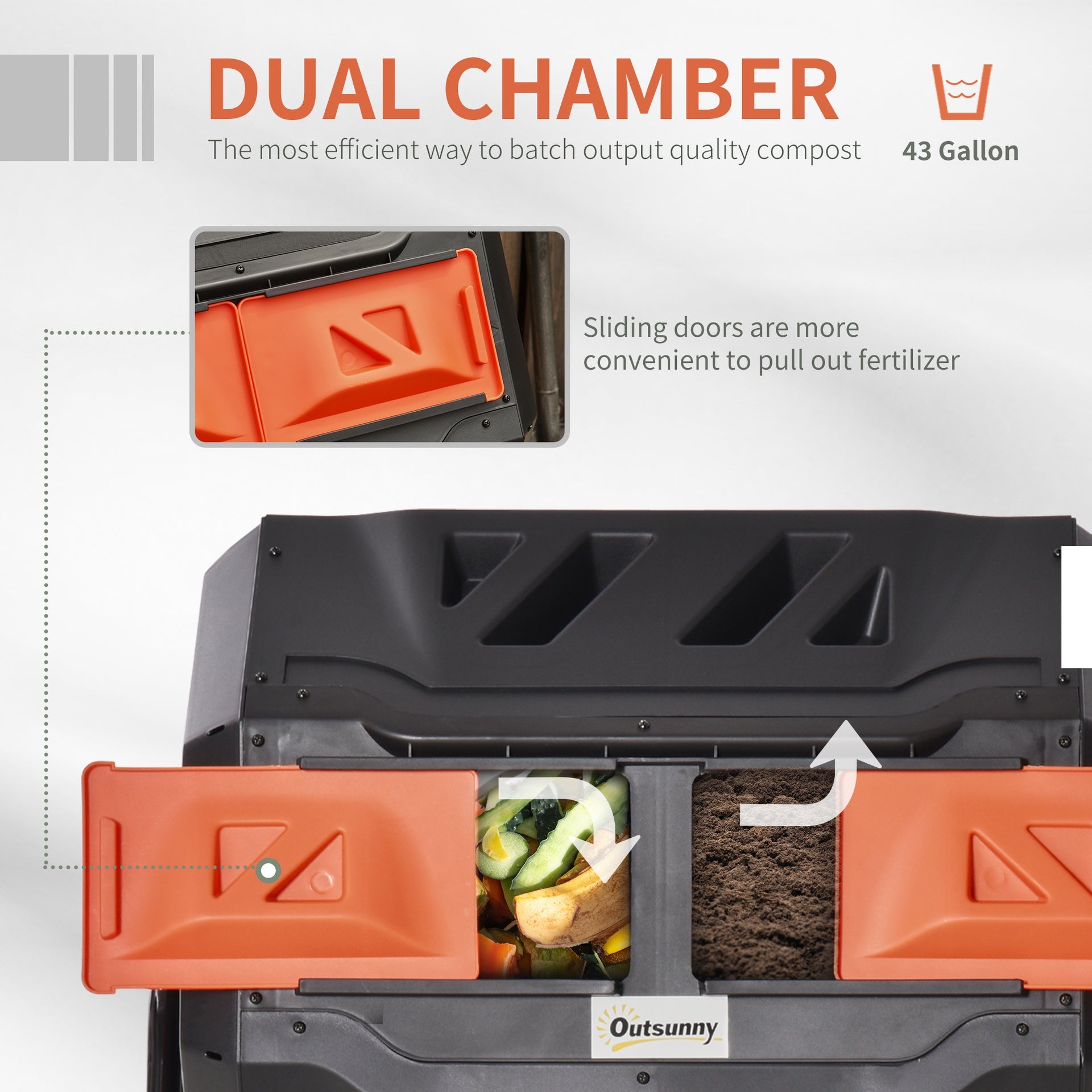 Tumbling Compost Bin Outdoor 360° Dual Chamber Rotating Composter 43 Gallon, Orange