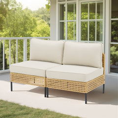 Outdoor Natural Wicker Sofa Boho Patio Sectional Loveseat Furniture Set with Beige Csuhions