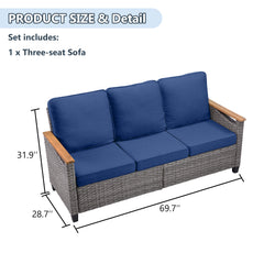 69.7" Wide Outdoor Wicker Patio Sofa, Deep Seating Outdoor Couch with Cushions for Porch Garden, Blue
