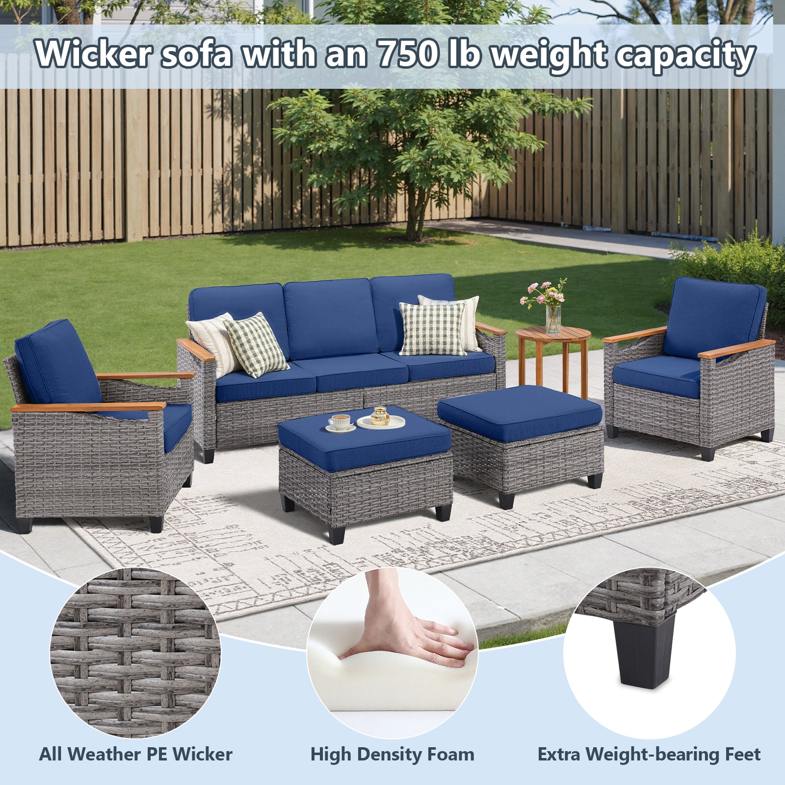 69.7" Wide Outdoor Wicker Patio Sofa, Deep Seating Outdoor Couch with Cushions for Porch Garden, Blue