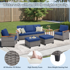 69.7" Wide Outdoor Wicker Patio Sofa, Deep Seating Outdoor Couch with Cushions for Porch Garden, Blue