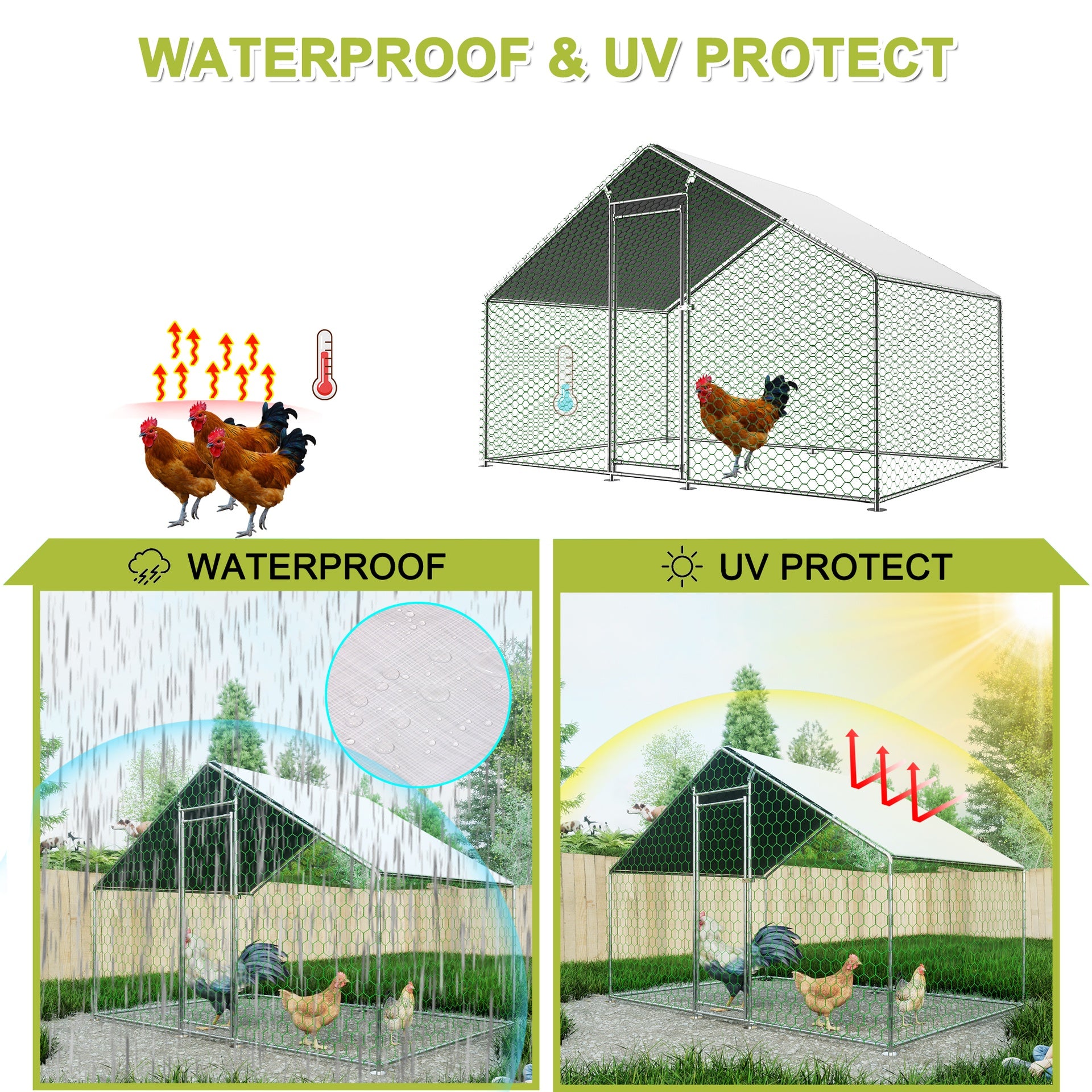 Multi-functional Waterproof and UV-Protected Outdoor Metal Chicken Coop Cover with 22 Free Bungee Balls
