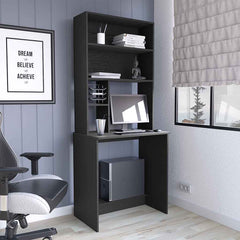 Computer Hutch Desk, Lower Shelf, Four Shelves, Black
