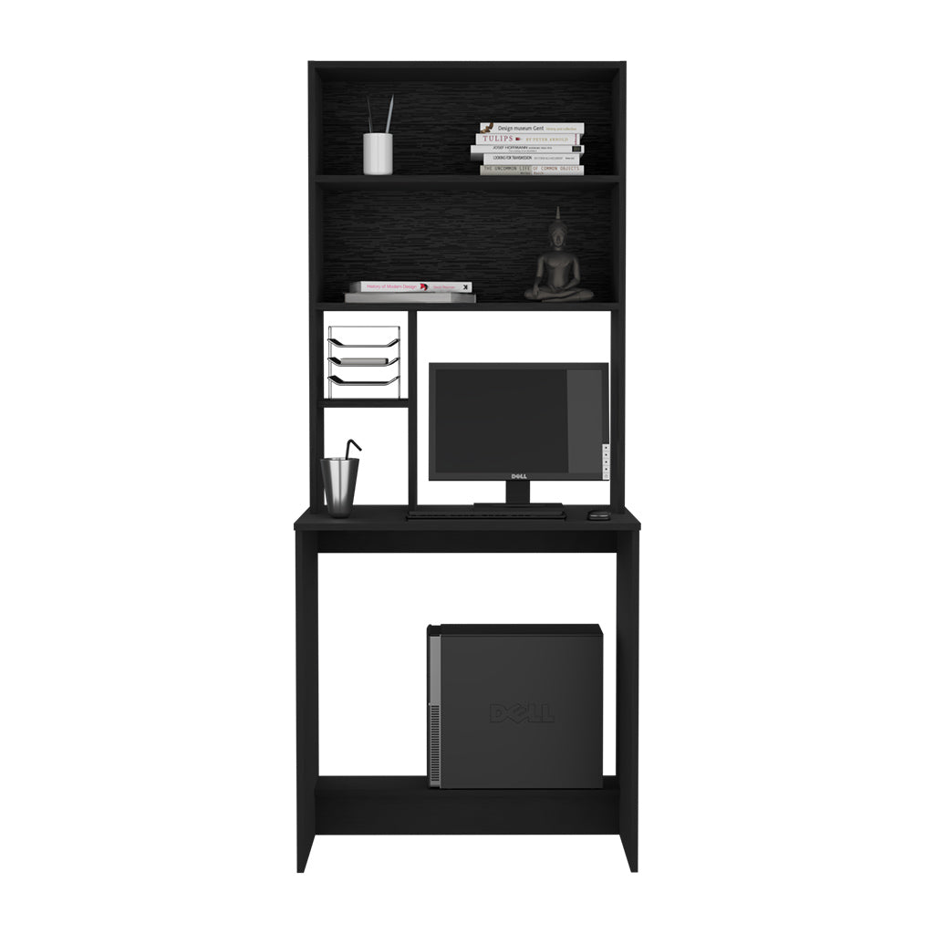 Computer Hutch Desk, Lower Shelf, Four Shelves, Black
