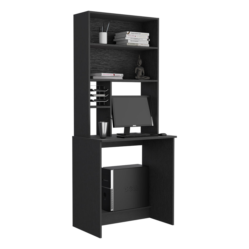 Computer Hutch Desk, Lower Shelf, Four Shelves, Black