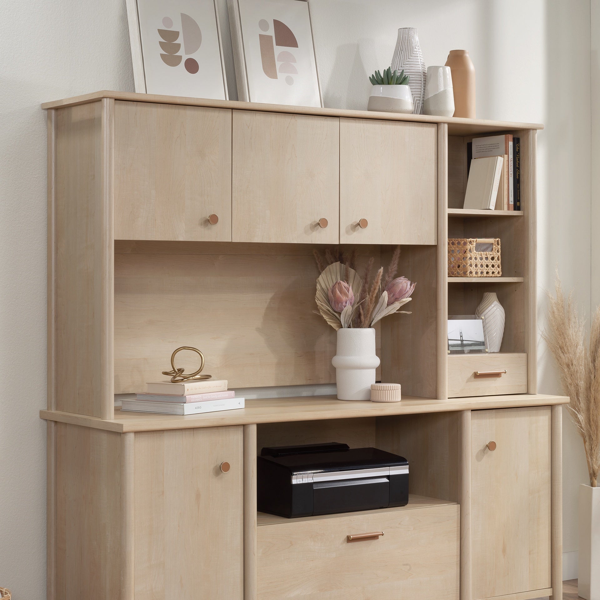 Desktop Hutch with Adjustable Shelves, Brown finish
