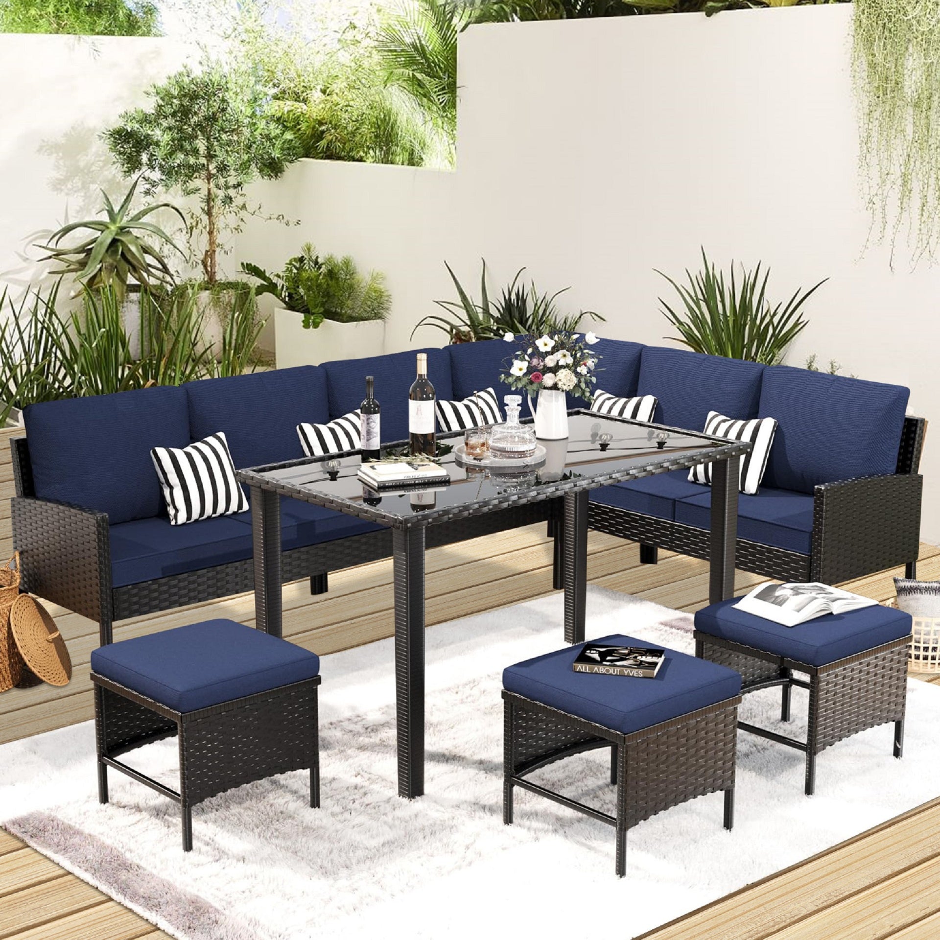 Small space patio furniture 7-piece outdoor furniture set, backyard furniture set, waterproof seat cushion, glass table, space saving, suitable for backyard, terrace or garden,Dark blue