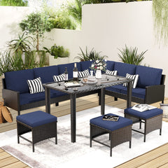 Small space patio furniture 7-piece outdoor furniture set, backyard furniture set, waterproof seat cushion, glass table, space saving, suitable for backyard, terrace or garden,Dark blue
