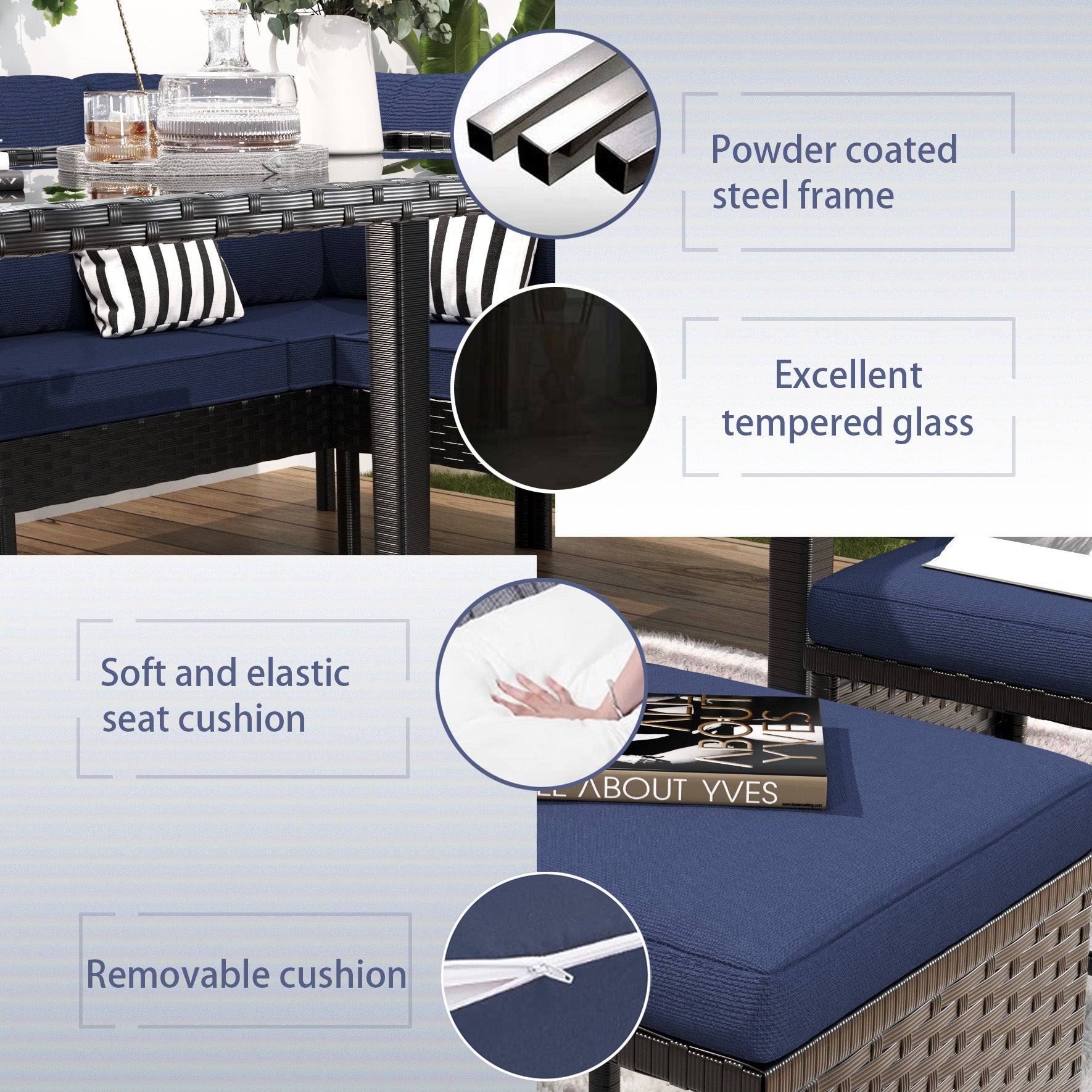 Small space patio furniture 7-piece outdoor furniture set, backyard furniture set, waterproof seat cushion, glass table, space saving, suitable for backyard, terrace or garden,Dark blue