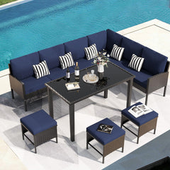 Small space patio furniture 7-piece outdoor furniture set, backyard furniture set, waterproof seat cushion, glass table, space saving, suitable for backyard, terrace or garden,Dark blue