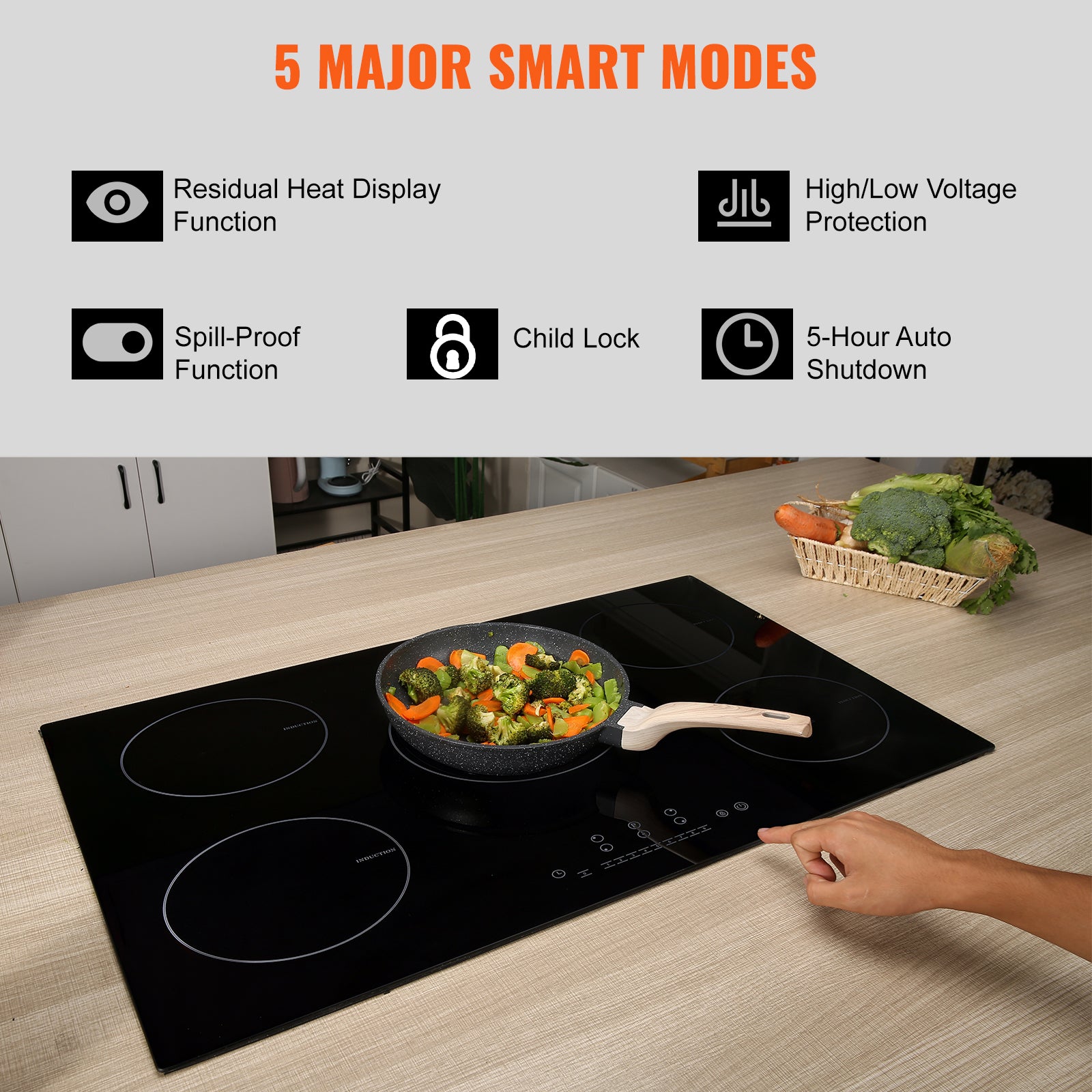 Electric Cooktop, 5 Burners, 30'' Induction Stove Top, Built-in Magnetic Cooktop 9200W, 9 Heating Level Multifunctional Burner, LED Touch Screen w/ Child Lock & Over-Temperature Protection