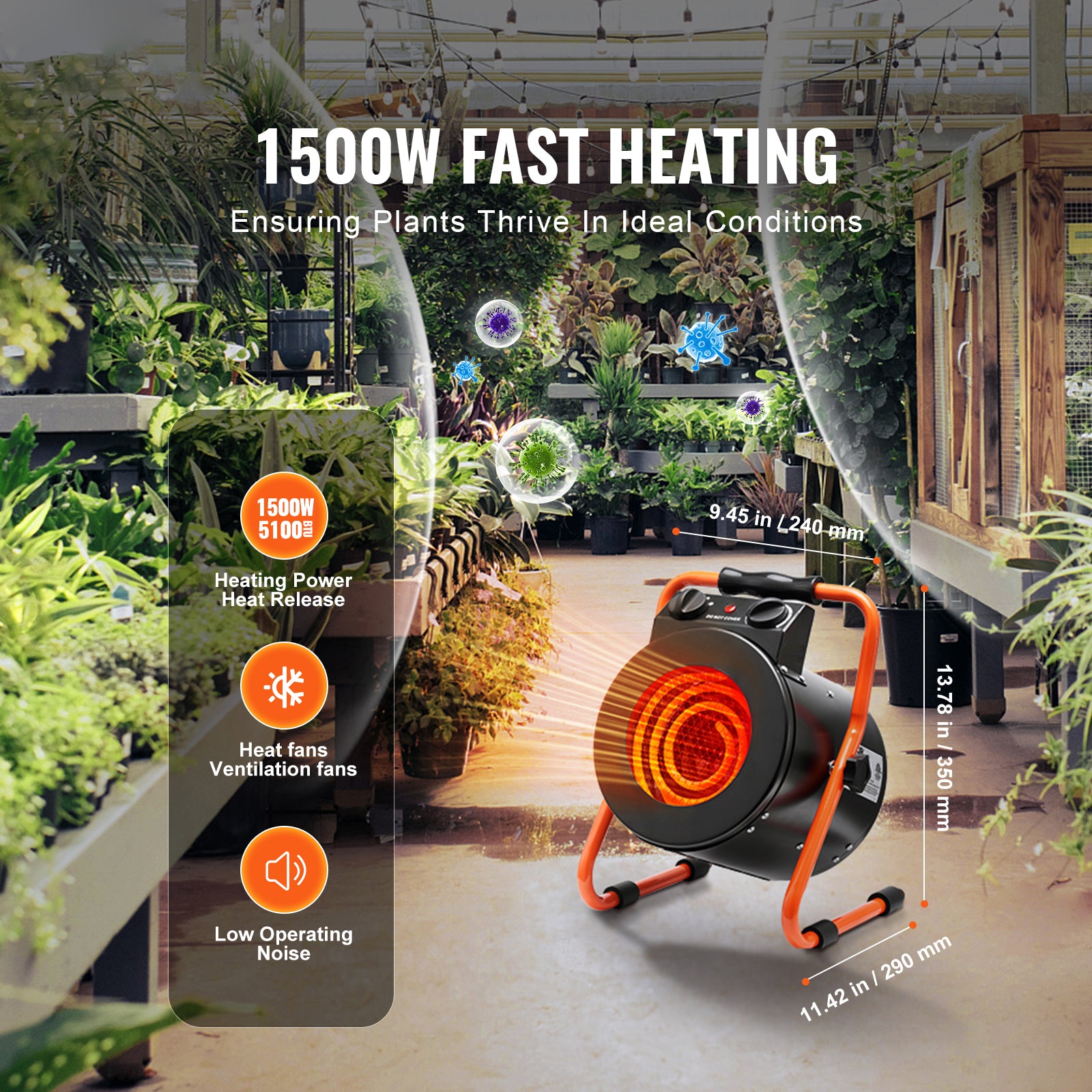 Greenhouse Heater with Thermostat, 1500W Fast Heating with Overheat Protection, 2-Speed Setting Small Grow Tent Heater, Electric Portable Heater Fan for Green House, Flower Room, Workplace