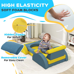 Qaba Modular Kids Play Couch, 14 Piece Kids Couch, Child Sectional Sofa for Playing, Sitting & Sleeping, Convertible Foam Floor Cushions for Boys & Girls, Yellow