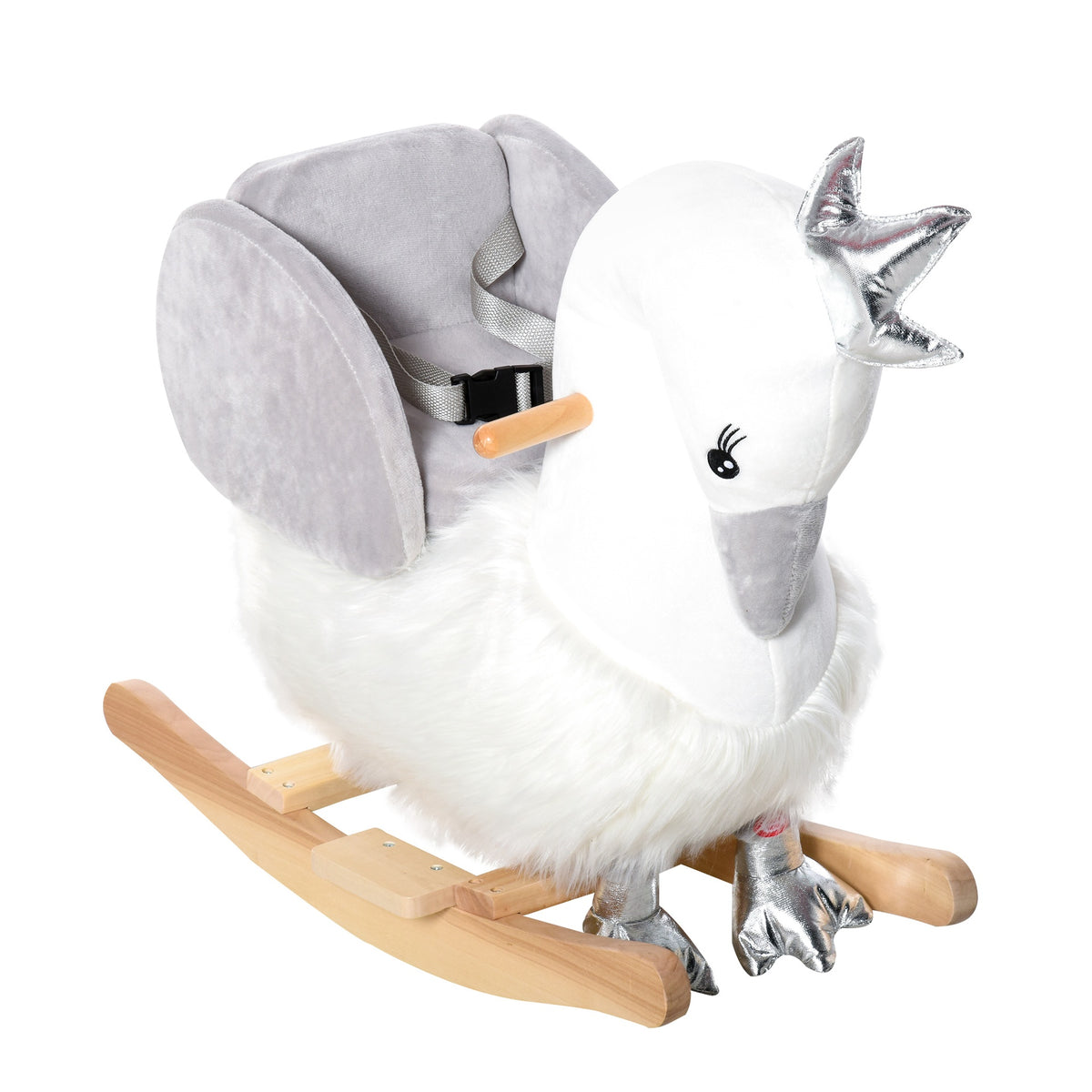 Qaba Rocking Horse, Kids Ride on Horse Swan Rocker with Sound, Plush Seat, Wooden Base, Safety Belt, for Toddlers 18-36 months, White