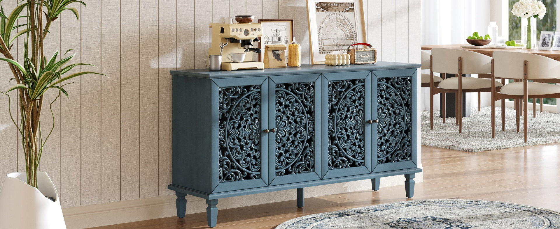 60" Antique Buffet Cabinet with Floral Carvings with Solid Wood Legs&Antique Brass Handles&Adjustable Shelves, TV Stand for 65''+ TV, Sideboard for Living Room,Dining Room (Antique Blue)