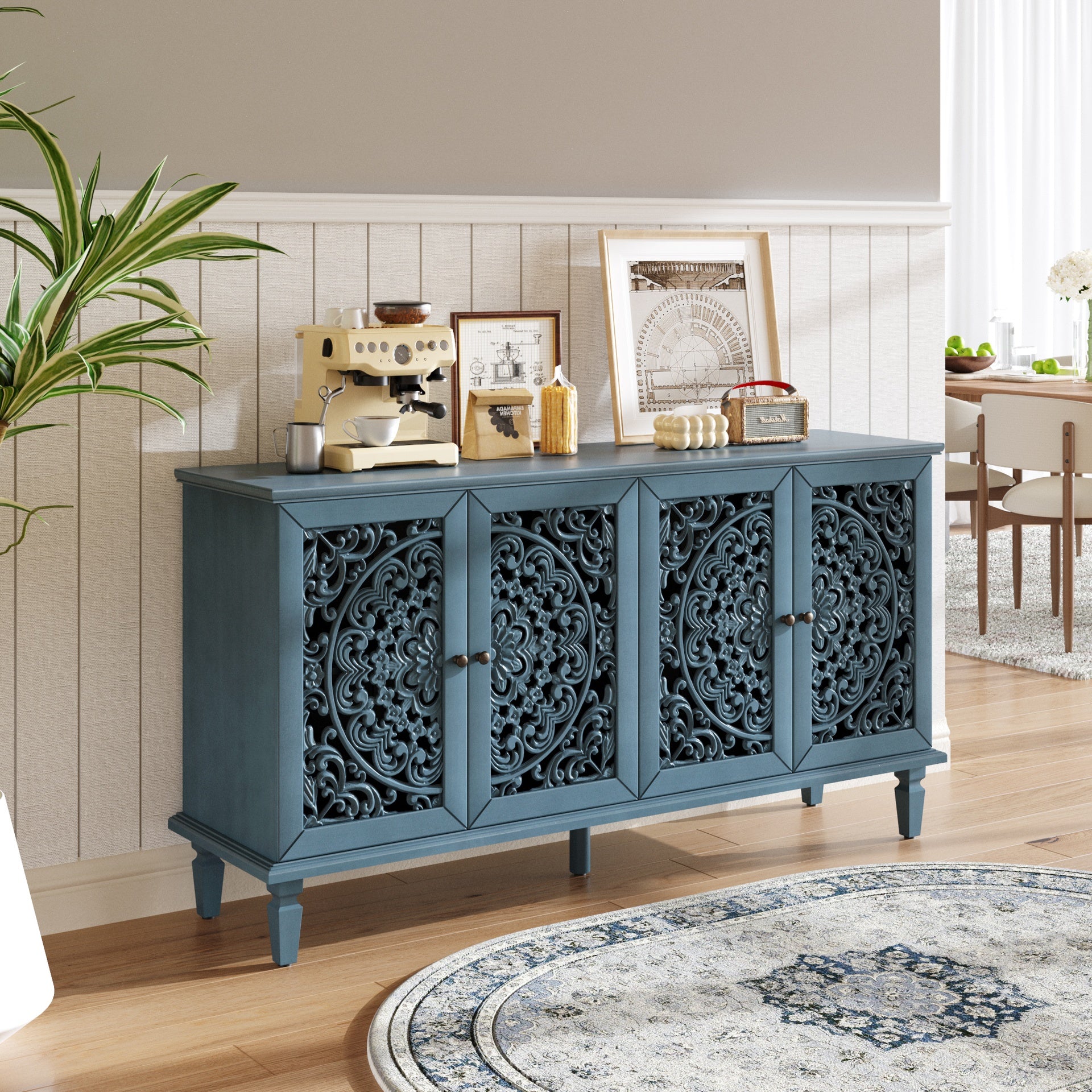 60" Antique Buffet Cabinet with Floral Carvings with Solid Wood Legs&Antique Brass Handles&Adjustable Shelves, TV Stand for 65''+ TV, Sideboard for Living Room,Dining Room (Antique Blue)