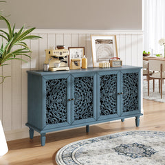 60" Antique Buffet Cabinet with Floral Carvings with Solid Wood Legs&Antique Brass Handles&Adjustable Shelves, TV Stand for 65''+ TV, Sideboard for Living Room,Dining Room (Antique Blue)