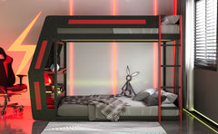 Full-Size Gaming Bunk Bed with Side-Mounted Oversized RGB Desk, USB Charging Ports & Cable Grommet, LED Light Strip, Heavy-Duty Esports Loft Frame – Cool Design-Red