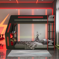 Full-Size Gaming Bunk Bed with Side-Mounted Oversized RGB Desk, USB Charging Ports & Cable Grommet, LED Light Strip, Heavy-Duty Esports Loft Frame – Cool Design-Red