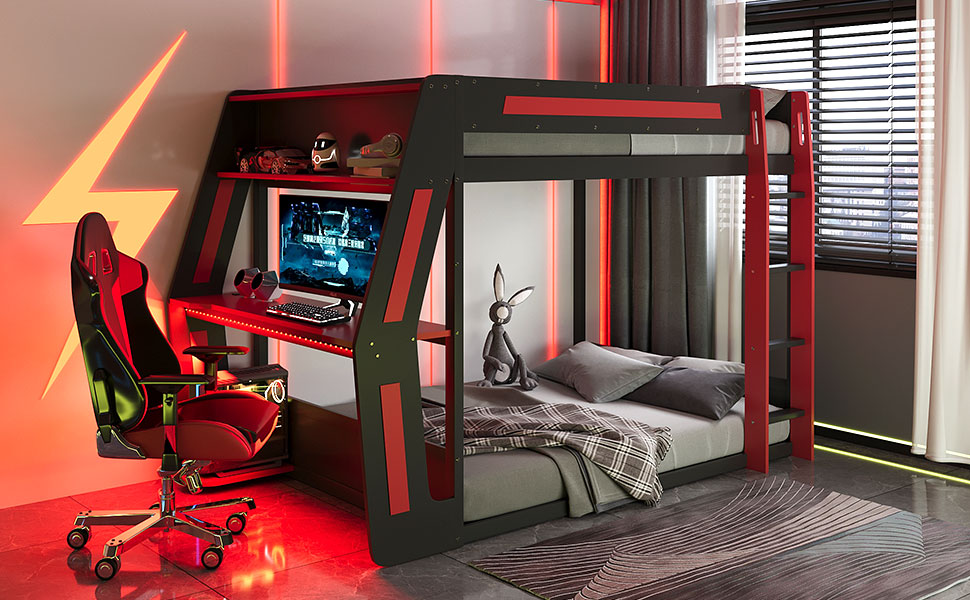 Full-Size Gaming Bunk Bed with Side-Mounted Oversized RGB Desk, USB Charging Ports & Cable Grommet, LED Light Strip, Heavy-Duty Esports Loft Frame – Cool Design-Red