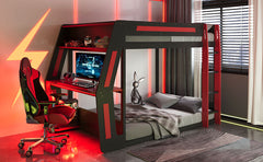 Full-Size Gaming Bunk Bed with Side-Mounted Oversized RGB Desk, USB Charging Ports & Cable Grommet, LED Light Strip, Heavy-Duty Esports Loft Frame – Cool Design-Red