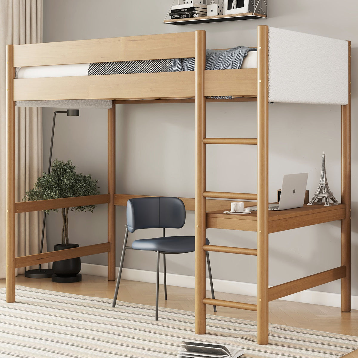 Twin Size Loft Bed with Desk, Boucle Upholstered Headboard and Footboard  with Ladder, Safety Guardrails,  Rubber Wooden Loft Bed,Natural