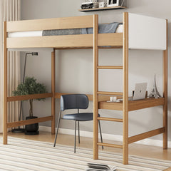 Twin Size Loft Bed with Desk, Boucle Upholstered Headboard and Footboard  with Ladder, Safety Guardrails,  Rubber Wooden Loft Bed,Natural