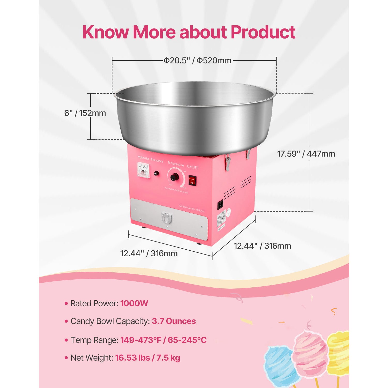 Commercial Cotton Candy Machine Sugar Floss Maker 1000W for Party Home Pink