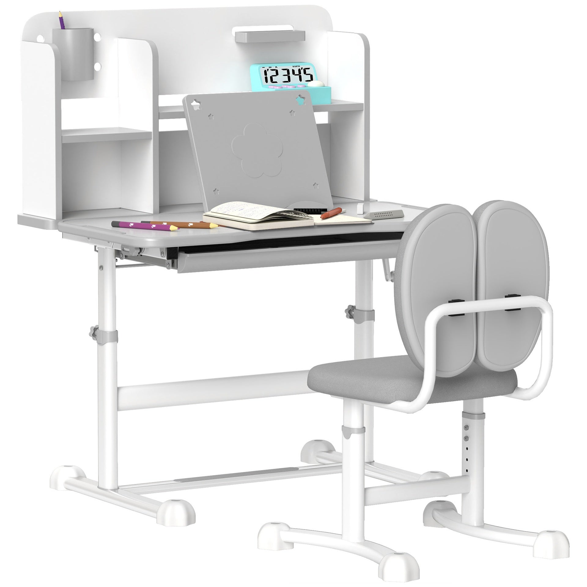 Qaba Kids Desk and Chair Set, Height Adjustable Kids School Study Desk and Chair Set with Tilt Desktop, Storage Drawer and Reading Rack for Writing, Reading and Drawing, Gray