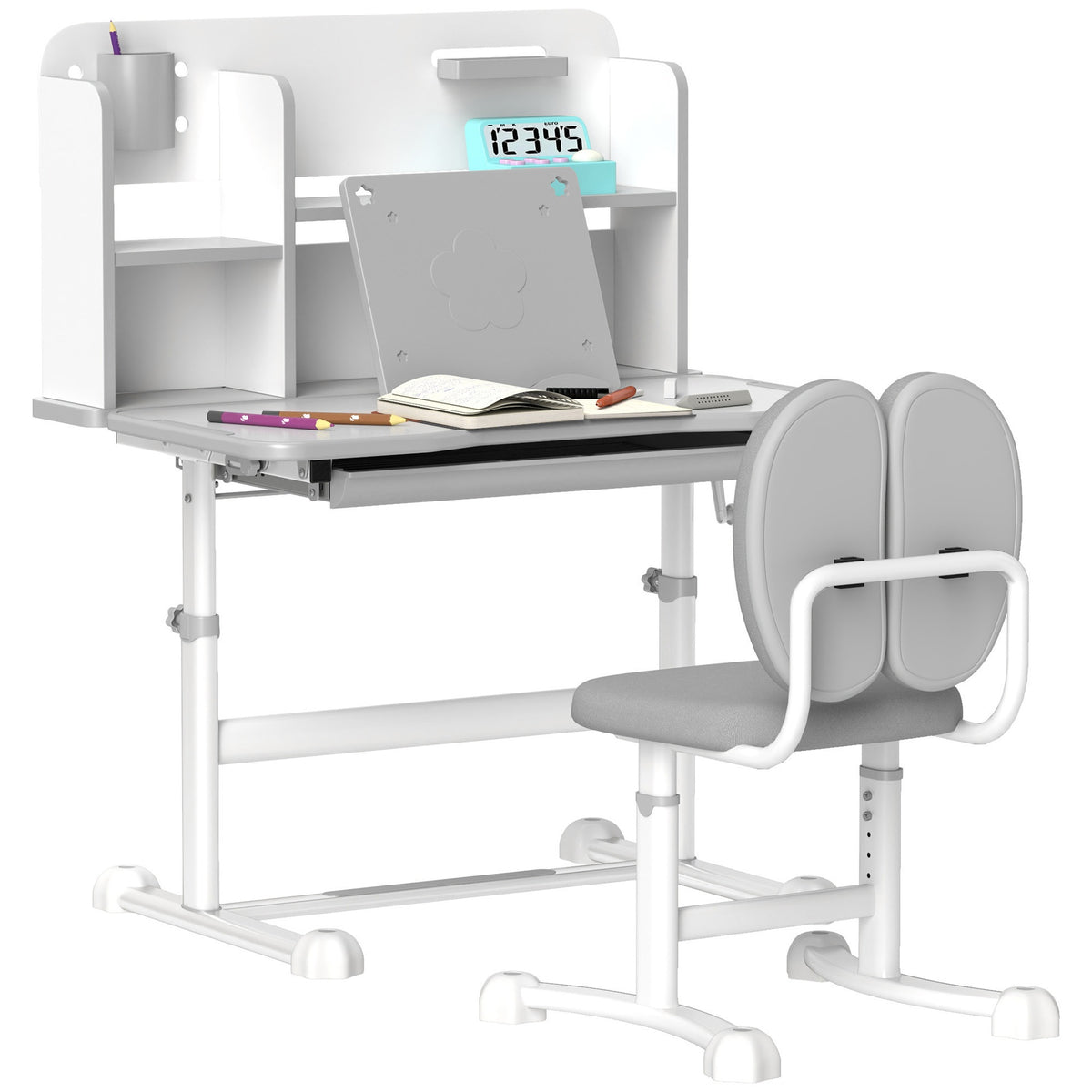 Qaba Kids Desk and Chair Set, Height Adjustable Kids School Study Desk and Chair Set with Tilt Desktop, Storage Drawer and Reading Rack for Writing, Reading and Drawing, Gray