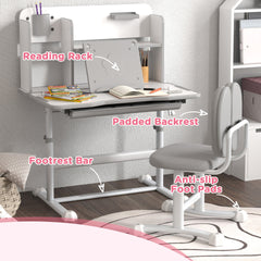 Qaba Kids Desk and Chair Set, Height Adjustable Kids School Study Desk and Chair Set with Tilt Desktop, Storage Drawer and Reading Rack for Writing, Reading and Drawing, Gray