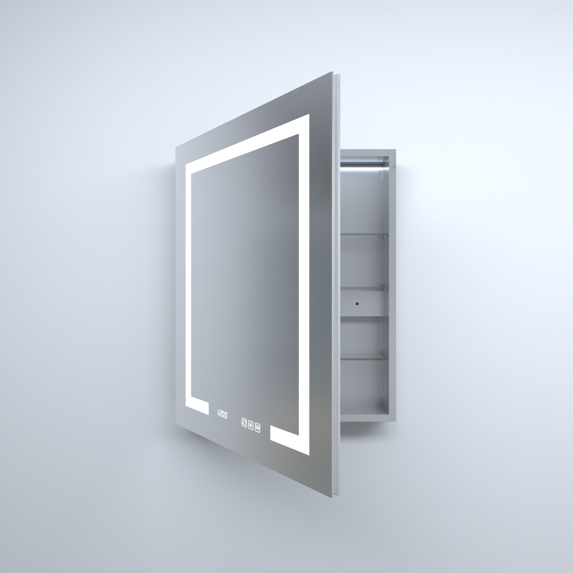 24 in. W x 30 in. H Rectangular Silver Aluminum Recessed/Surface Mount Left Medicine Cabinet with Mirror LED and Clock