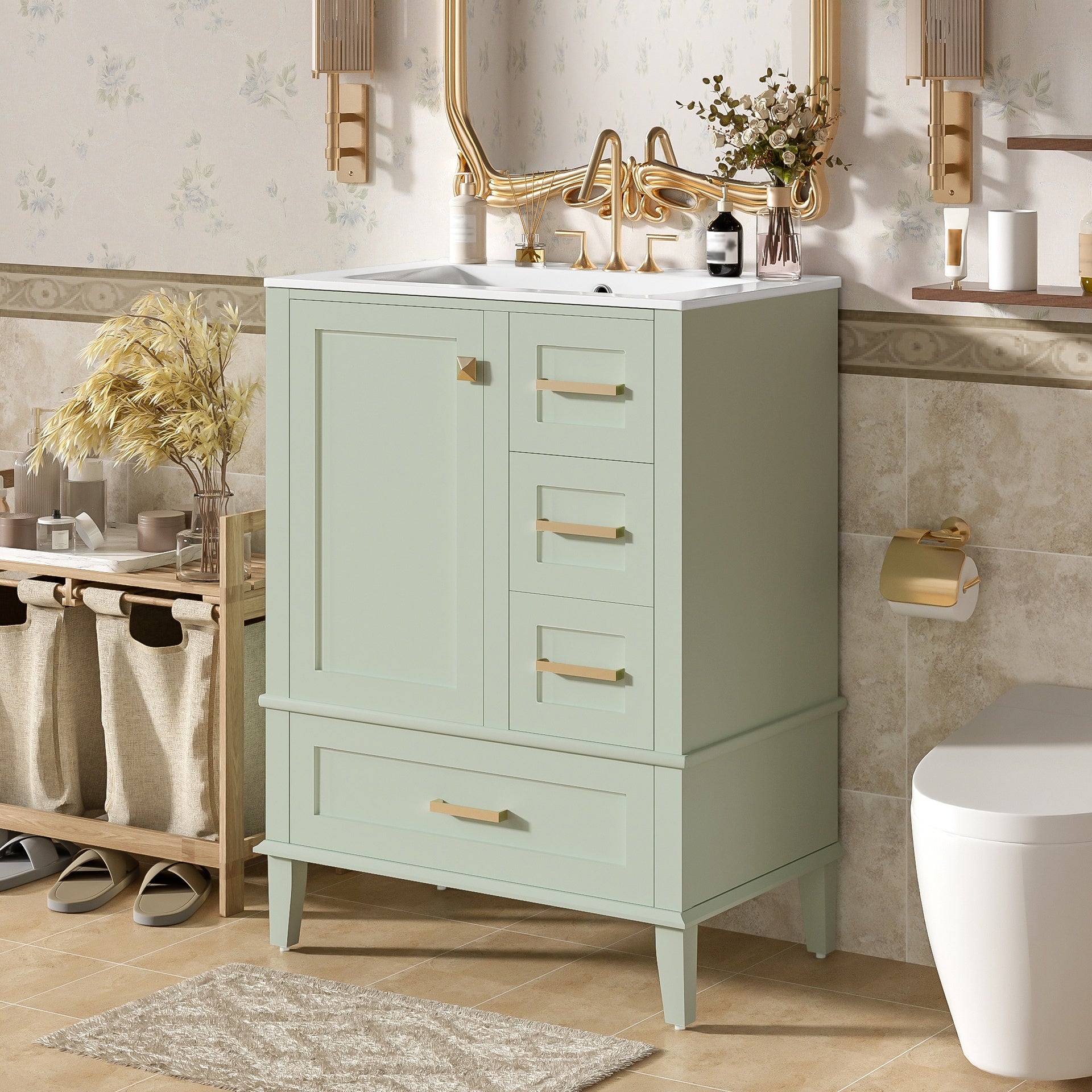 24.8" Bathroom Vanity with Ceramic Sink, Modern Freestanding Cabinet Featuring Soft-Close Door, Deep Drawer, Shallow Drawer & Wide Drawer for Space-Saving Storage