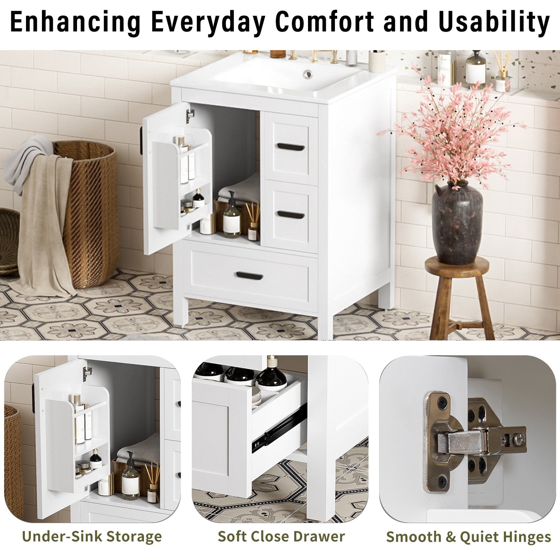 Modern 24-inch Bathroom Vanity with Ceramic Sink, Soft-Close Door, Double-Layer Door Shelf, and 3 Drawers
