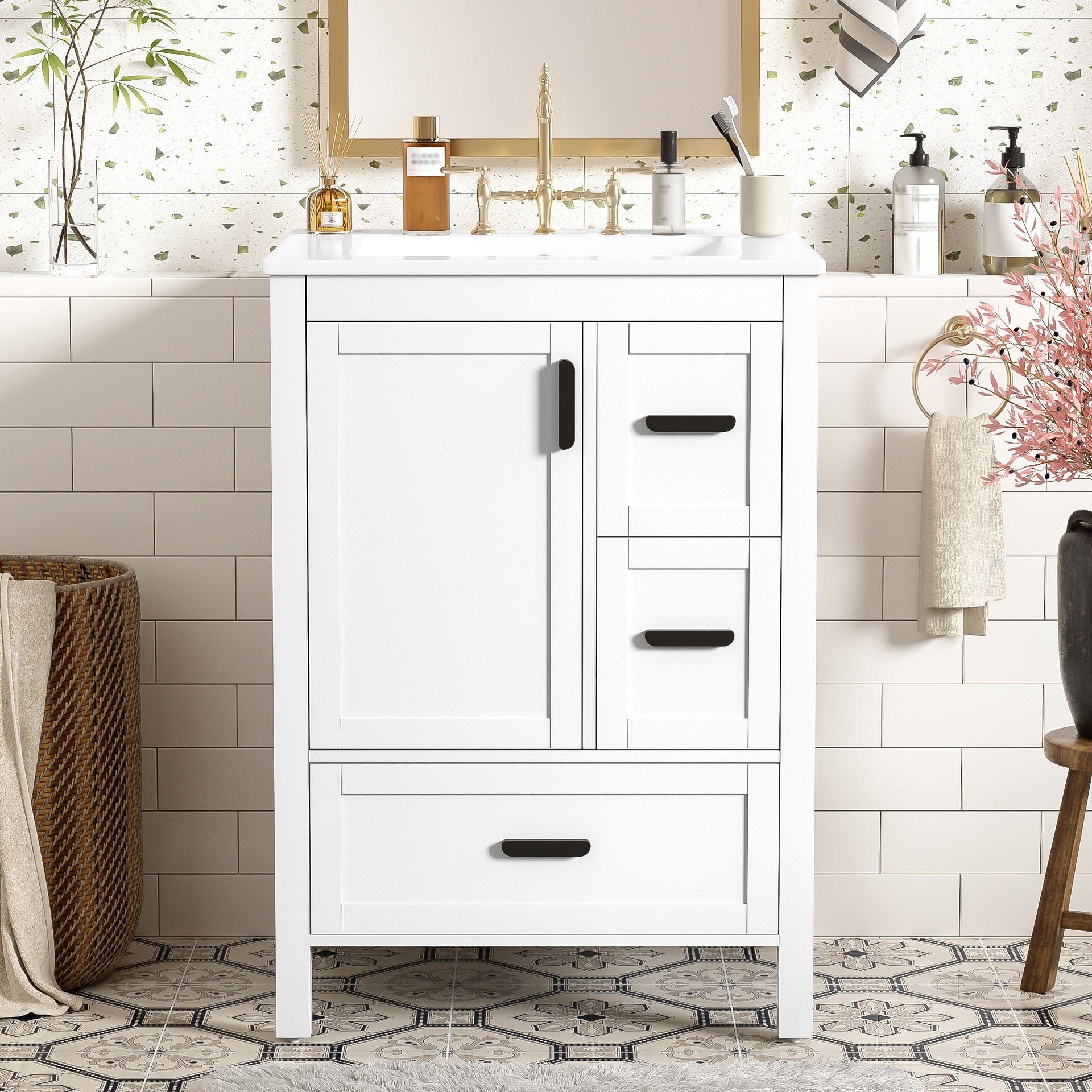 Modern 24-inch Bathroom Vanity with Ceramic Sink, Soft-Close Door, Double-Layer Door Shelf, and 3 Drawers
