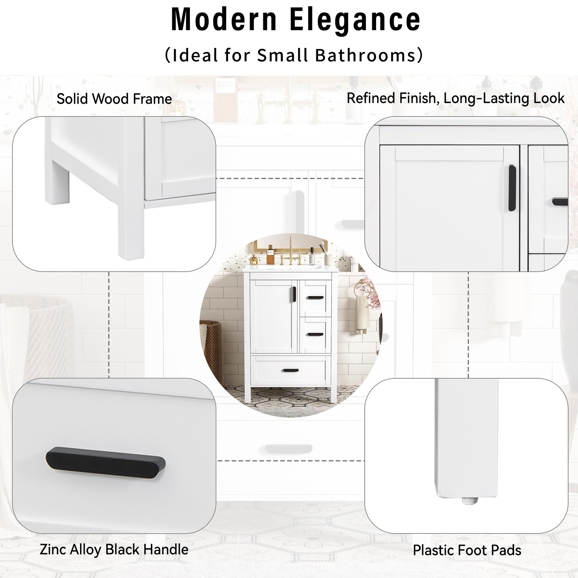 Modern 24-inch Bathroom Vanity with Ceramic Sink, Soft-Close Door, Double-Layer Door Shelf, and 3 Drawers