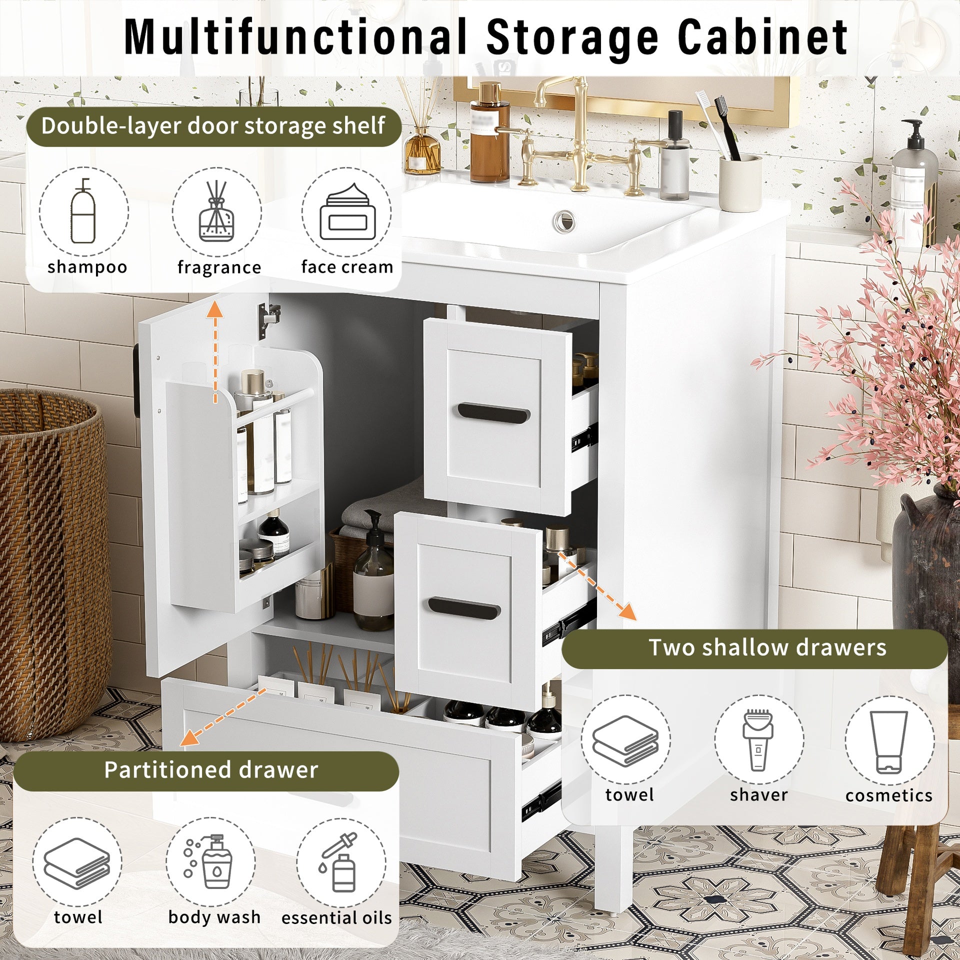 Modern 24-inch Bathroom Vanity with Ceramic Sink, Soft-Close Door, Double-Layer Door Shelf, and 3 Drawers