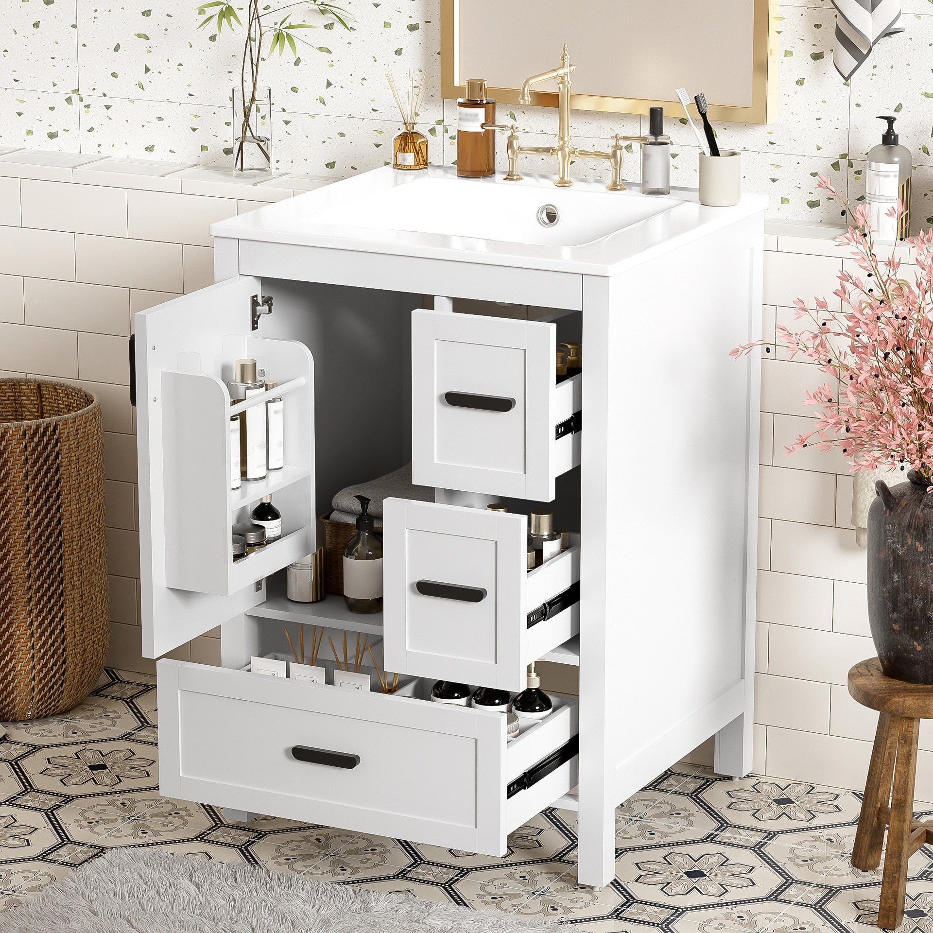 Modern 24-inch Bathroom Vanity with Ceramic Sink, Soft-Close Door, Double-Layer Door Shelf, and 3 Drawers