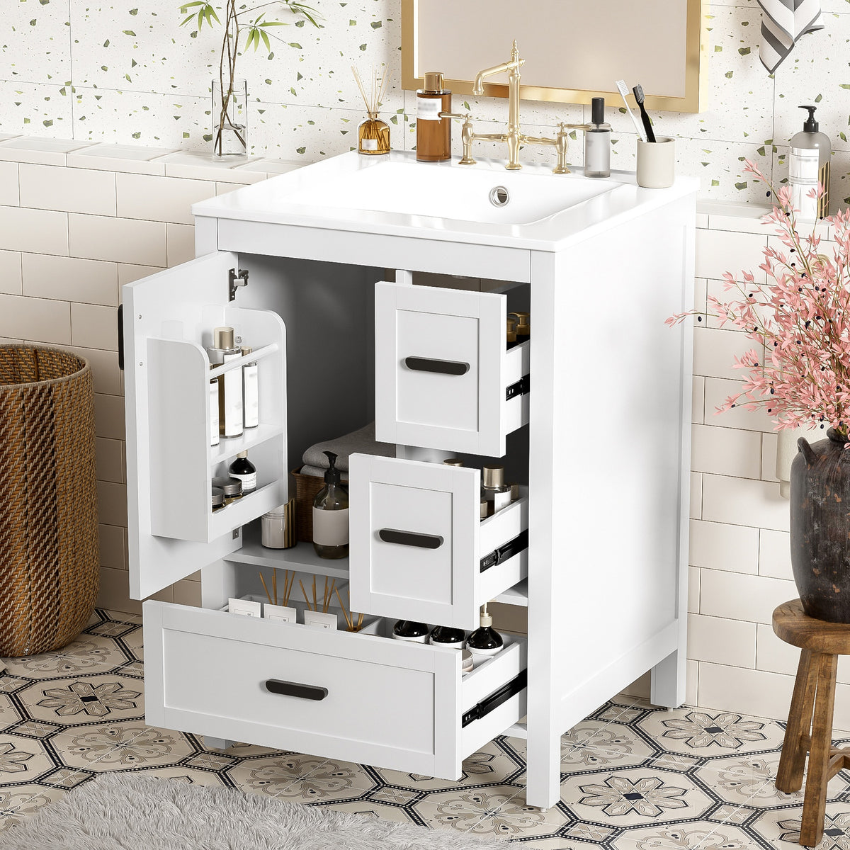 Modern 24-inch Bathroom Vanity with Ceramic Sink, Soft-Close Door, Double-Layer Door Shelf, and 3 Drawers