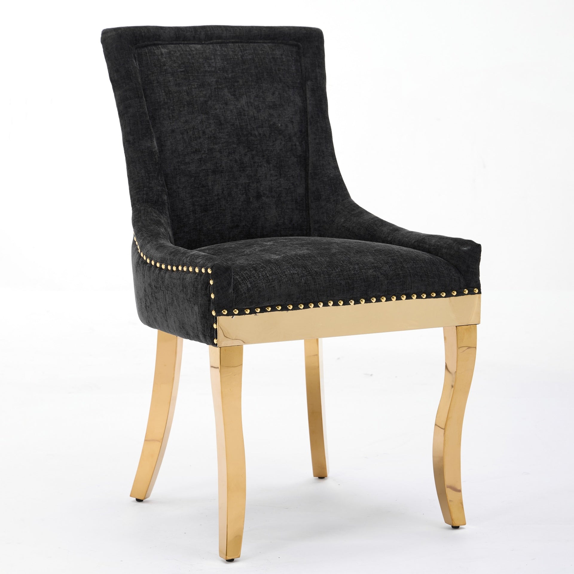 Chenille Dining Chairs, Modern Style with Curved Gold - Plated Legs & Rivet Trim, Upholstered Comfort for Dining/Lounge, Accent Seating with Textured Fabric & One - Piece Structure, Black,Set of 2