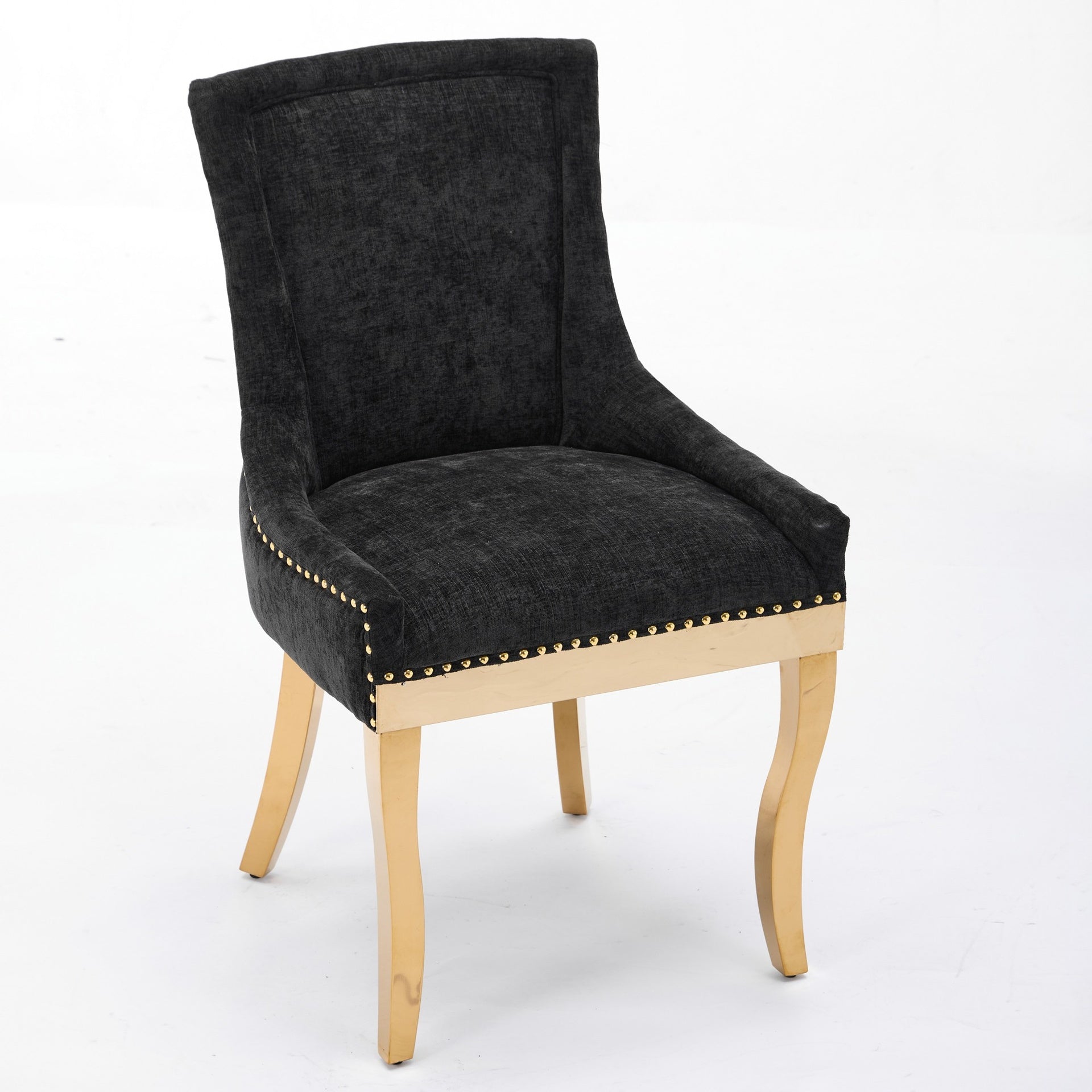 Chenille Dining Chairs, Modern Style with Curved Gold - Plated Legs & Rivet Trim, Upholstered Comfort for Dining/Lounge, Accent Seating with Textured Fabric & One - Piece Structure, Black,Set of 2