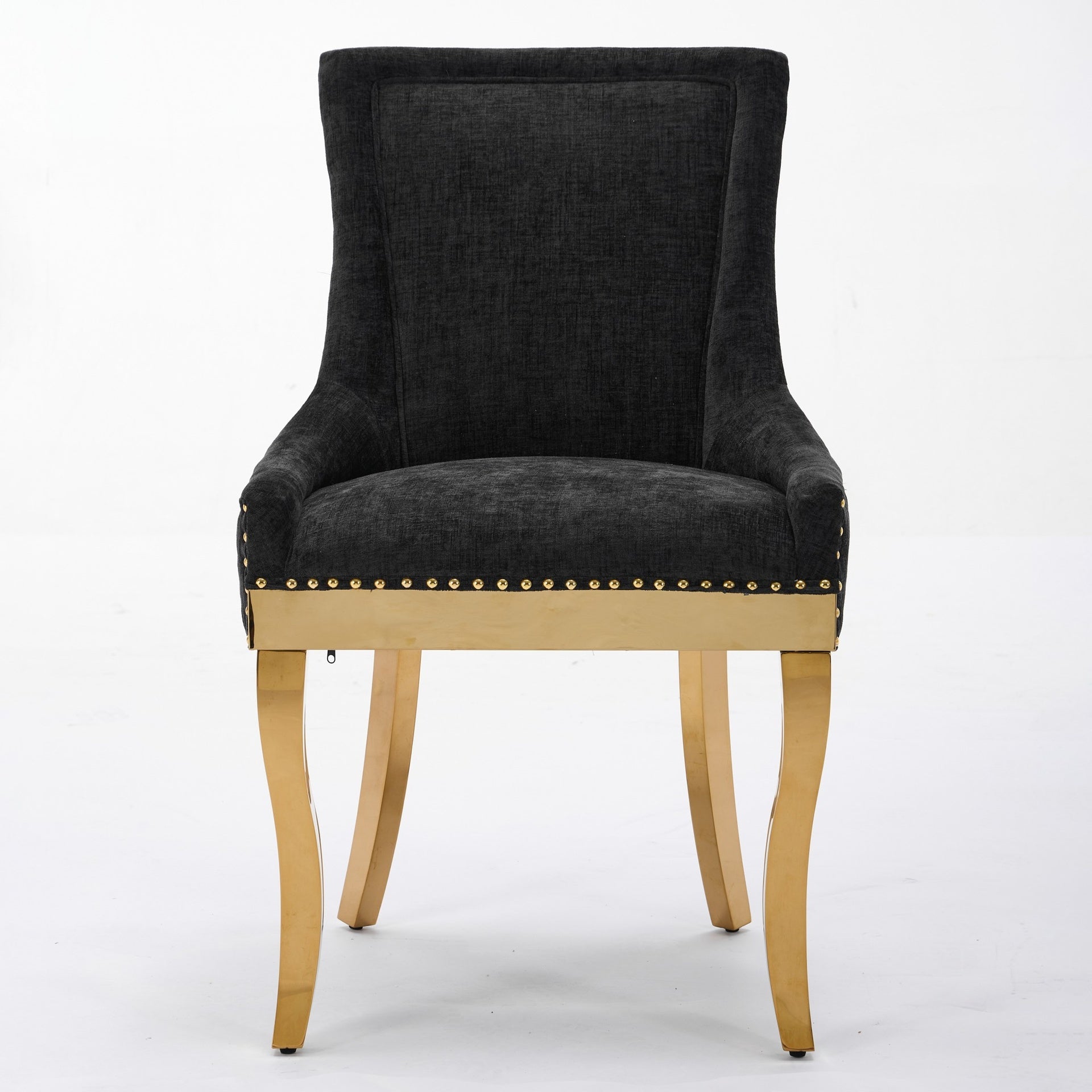 Chenille Dining Chairs, Modern Style with Curved Gold - Plated Legs & Rivet Trim, Upholstered Comfort for Dining/Lounge, Accent Seating with Textured Fabric & One - Piece Structure, Black,Set of 2