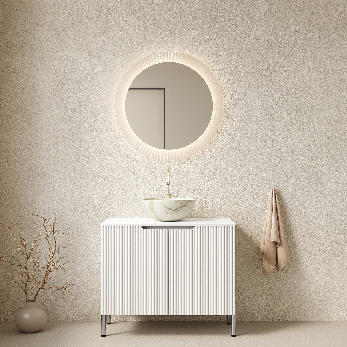 TURIO 30" Bathroom Vanity with Sink, Freestanding Bathroom Storage Cabinet with 2 Doors, White Bowl Ceramic Basin with Stone Pattern & Carrara White Artificial Marble Top, No Faucet, White Color