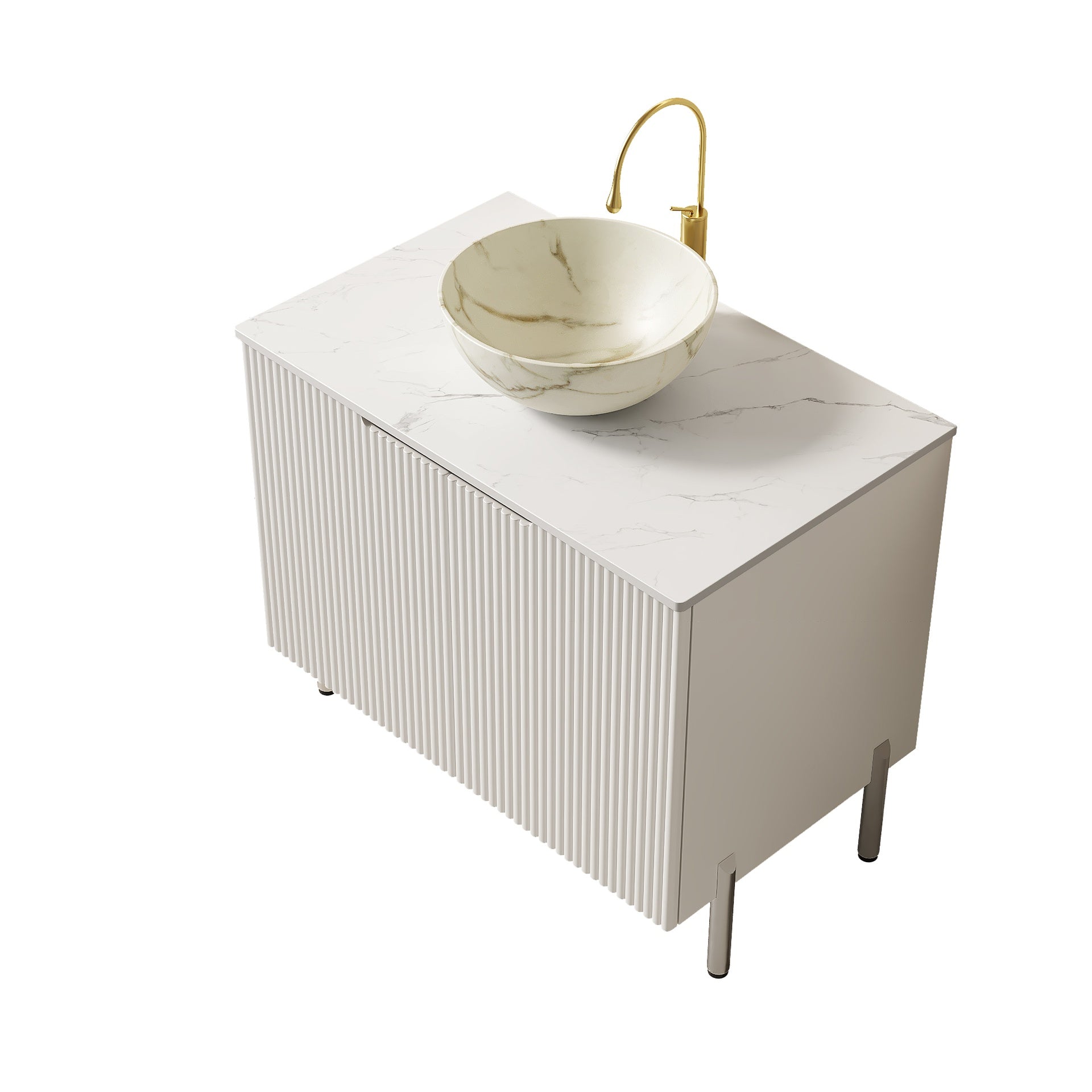 TURIO 30" Bathroom Vanity with Sink, Freestanding Bathroom Storage Cabinet with 2 Doors, White Bowl Ceramic Basin with Stone Pattern & Carrara White Artificial Marble Top, No Faucet, White Color