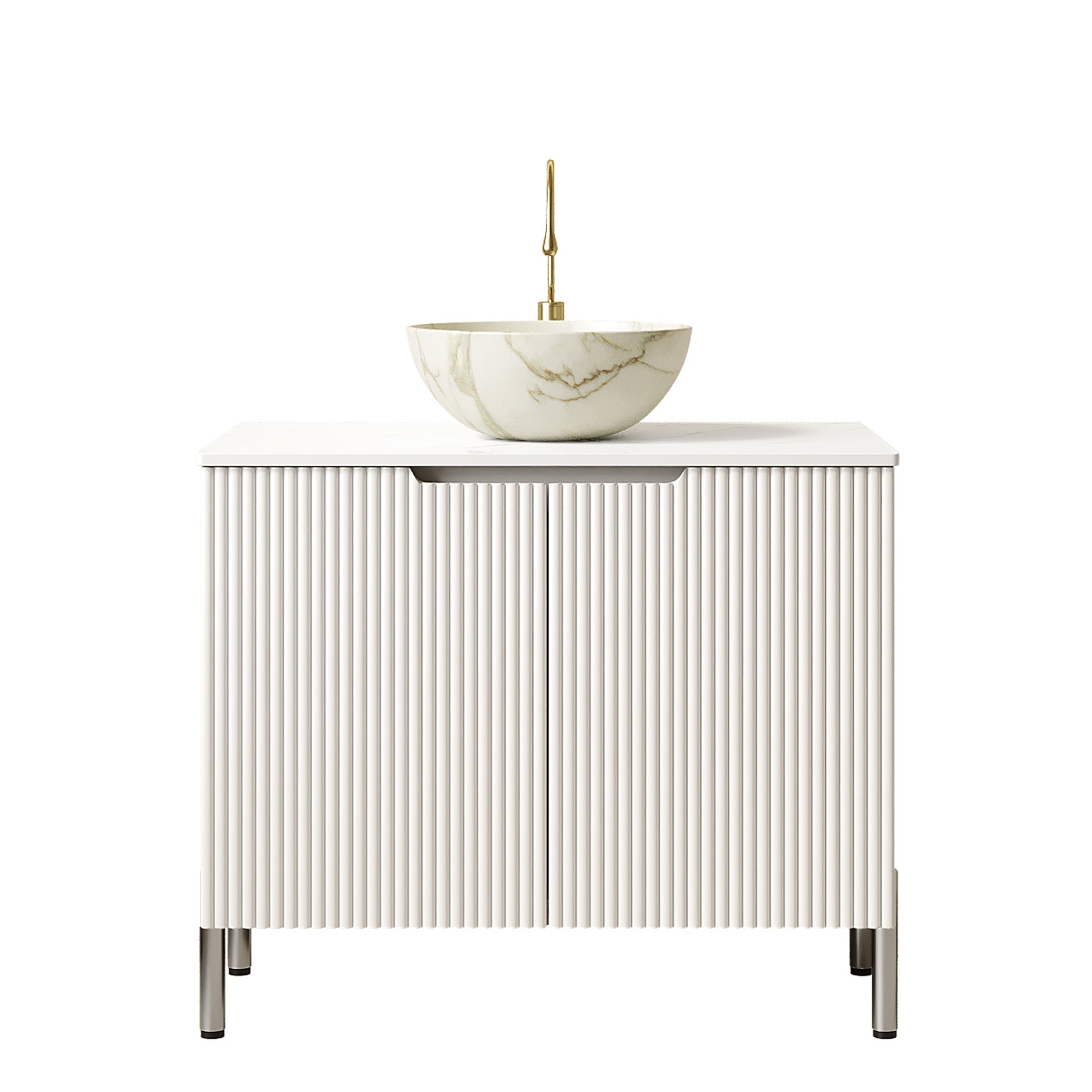 TURIO 30" Bathroom Vanity with Sink, Freestanding Bathroom Storage Cabinet with 2 Doors, White Bowl Ceramic Basin with Stone Pattern & Carrara White Artificial Marble Top, No Faucet, White Color