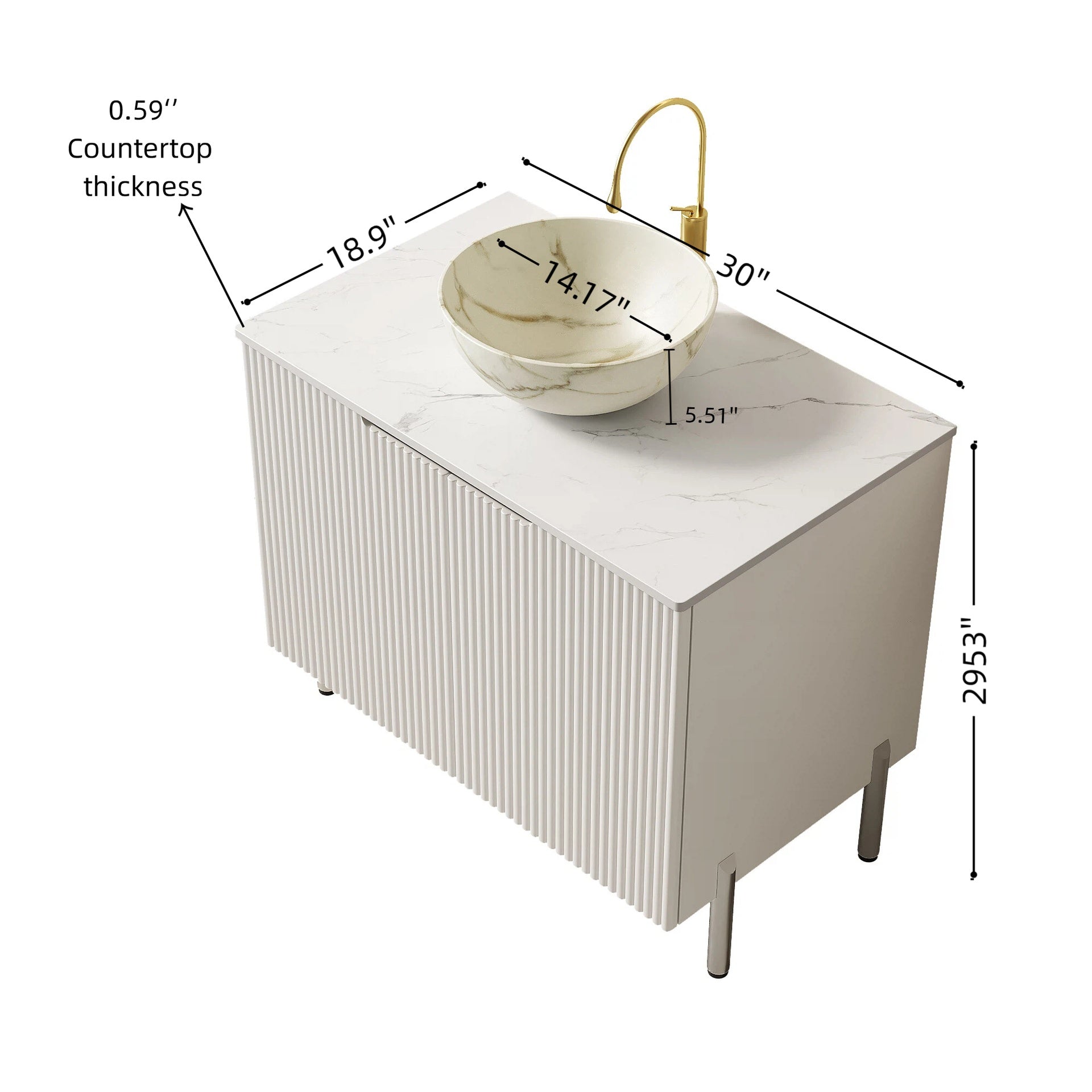 TURIO 30" Bathroom Vanity with Sink, Freestanding Bathroom Storage Cabinet with 2 Doors, White Bowl Ceramic Basin with Stone Pattern & Carrara White Artificial Marble Top, No Faucet, White Color